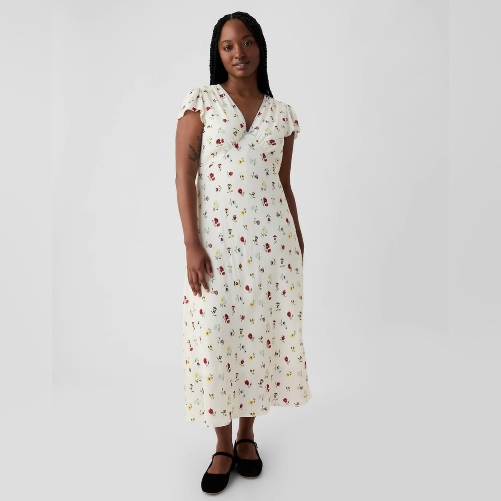 GAP Cream Midi Dress with Red and Yellow Floral Print